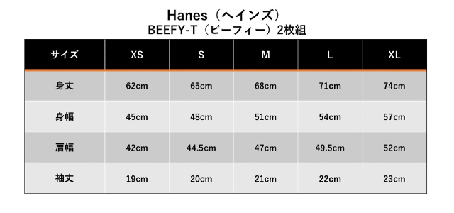 ヘインズBEEFY-Tのサイズ表